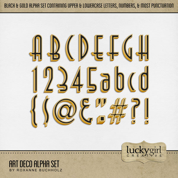 These gold and black metal alphabet and number digital scrapbooking embellishments by Lucky Girl Creative digital art are easy to use for digital scrapbook page titles and inspired by the Great Gatsby and the Roaring 20's. Great for New Year's Eve, anniversary, birthday, black tie events, party, graduation, wedding, and more! The Art Deco Alpha Set consists of a full set of digital art uppercase alphabet letters A-Z, lowercase letters a-z, numbers 0-9, and most punctuation marks.