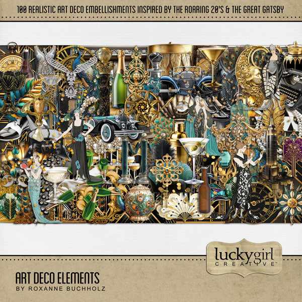 Inspired by the Great Gatsby, these beautiful and realistic Art Deco embellishments by Lucky Girl Creative digital art from the Roaring 20's will help you create heritage digital scrapbooking pages and albums. Great for New Year's Eve, anniversary, birthday, black tie events, party, graduation, wedding, and more! Embellishments include skyscraper building, clip, clock, pocket watch, bow tie, dress, gown, shoe, top hat, fashion, satin, glove, column, deco corner, bowl, decor, decoration, bird, face, gate.