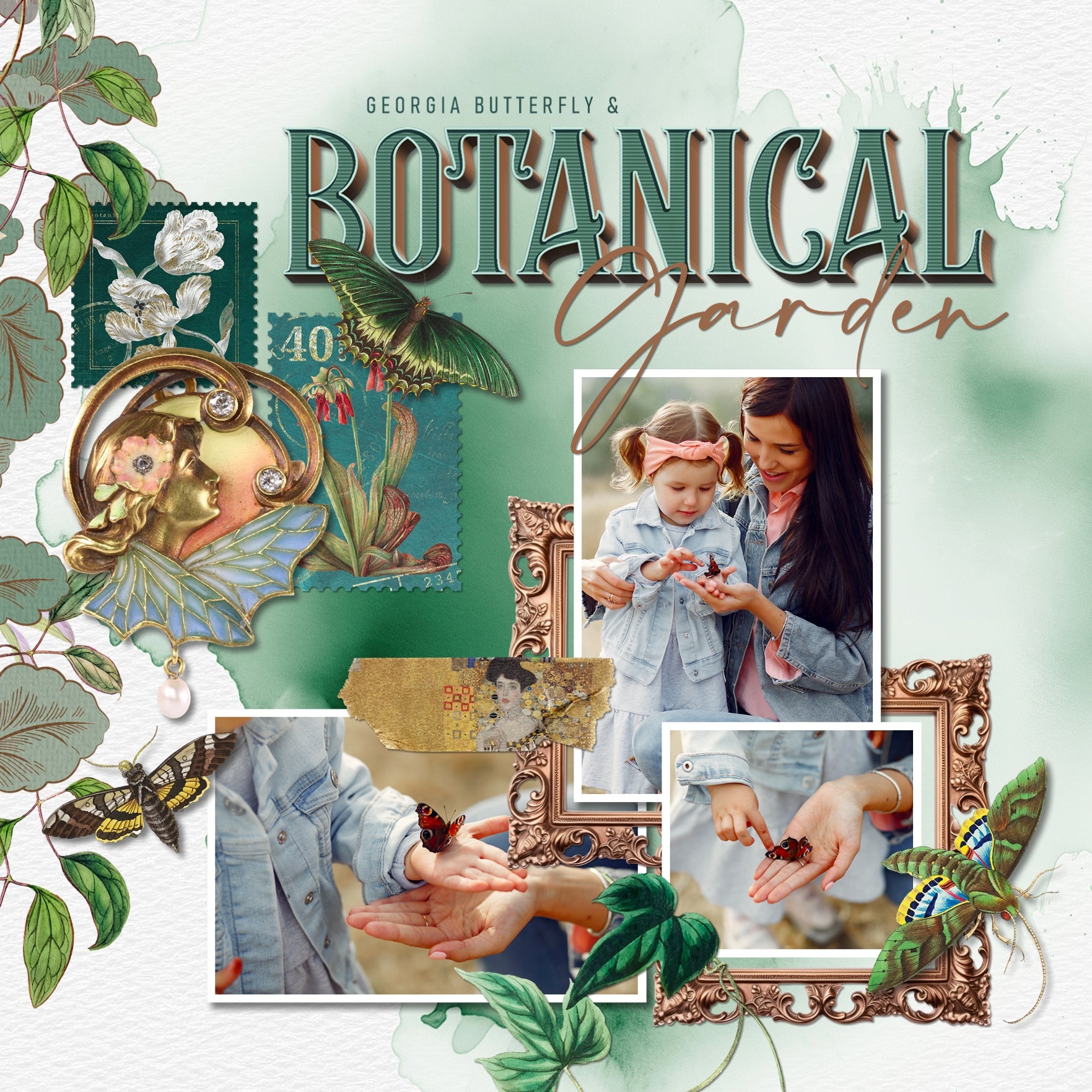 Accent your pages with these stylish Art Nouveau embellishments, journaling cards, frames, and alpha set by Lucky Girl Creative digital art inspired by the style of art and architecture that flourished between 1890 and 1910. With muted colors inspired by plants, flowers, and the female form, this vintage collection will add style to your vintage, genealogy, and family heritage pages. Great for garden and spring pages, too! Embellishments include angel, peacock, butterfly, moth, woman, man.