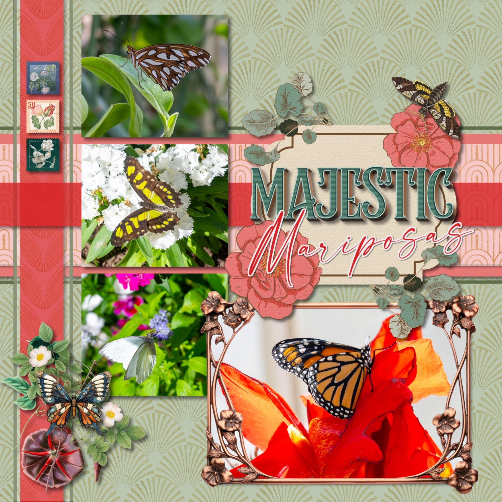 Accent your pages with these stylish Art Nouveau embellishments, journaling cards, frames, and alpha set by Lucky Girl Creative digital art inspired by the style of art and architecture that flourished between 1890 and 1910. With muted colors inspired by plants, flowers, and the female form, this vintage collection will add style to your vintage, genealogy, and family heritage pages. Great for garden and spring pages, too! Embellishments include angel, peacock, butterfly, moth, woman, man.