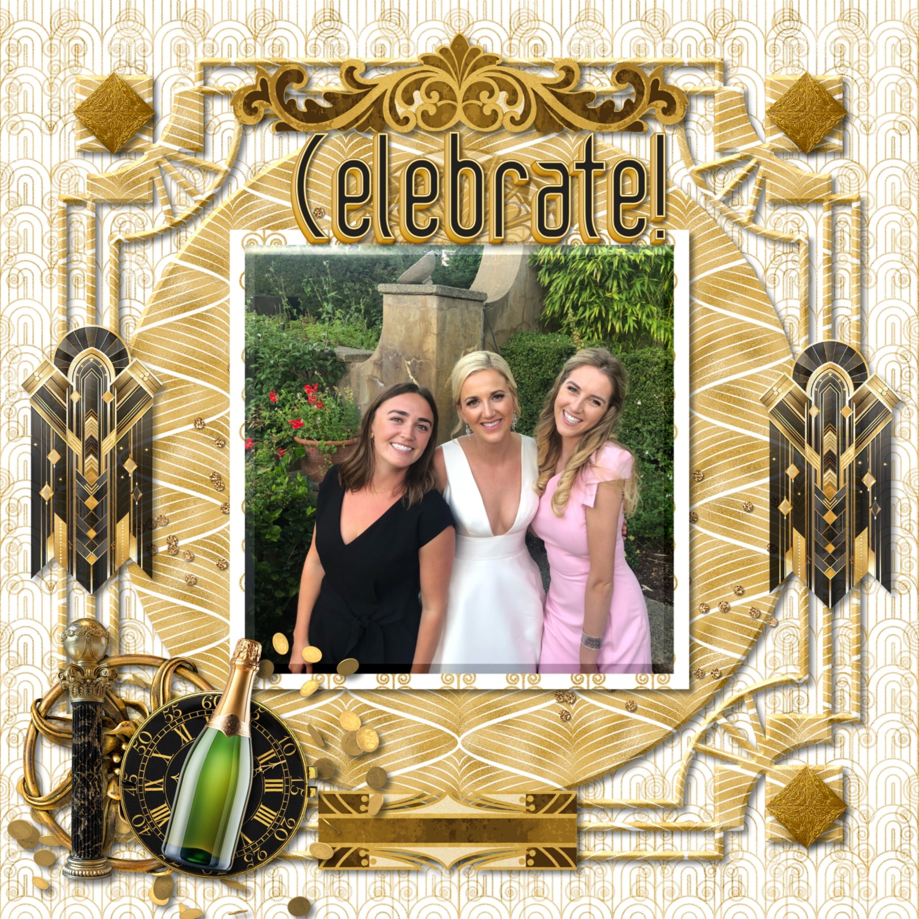 Inspired by the Great Gatsby, these beautiful and realistic Art Deco embellishments, patterned papers, photo mask frames, and alpha set by Lucky Girl Creative digital art from the Roaring 20's will help you create heritage digital scrapbooking pages and albums. Great for New Year's Eve, anniversary, birthday, black tie events, party, graduation, wedding, and more! Embellishments include skyscraper building, clip, clock, pocket watch, bow tie, dress, gown, shoe, top hat, fashion, satin, glove, column.