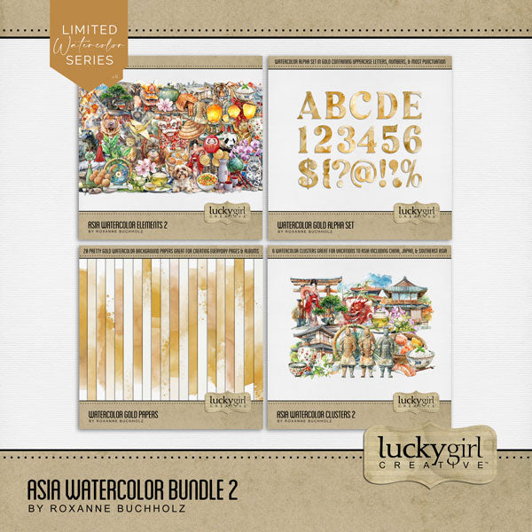 Add these beautiful watercolor embellishments, papers, clusters, and alpha set by Lucky Girl Creative digital art to all your digital scrapbooking pages to easily create memorable Asian pages and albums! Great for vacations to Asia, Japan, China, Thailand, Indonesia, Korea, Southeast Asia, and other Asian destinations. Embellishments feature crane, dog, Sharpei, Shihtzu, elephant, koi fish, lizard, reptile, Komodo Dragon, monkey, and more.