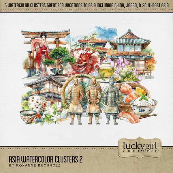 Add these beautiful watercolor clusters by Lucky Girl Creative digital art to all your digital scrapbooking pages to easily create memorable Asian pages and albums! Great for vacations to Asia, Japan, China, Thailand, Indonesia, Korea, Southeast Asia, and other Asian destinations. Embellishments include tea, terracotta soldier, pagoda, gate, geisha, bonsai tree, vase, dragon, dim sum, rice, and sushi. 