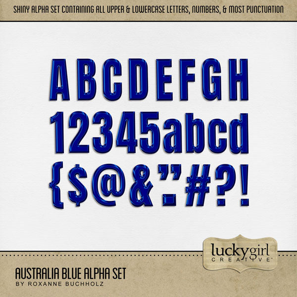 Create one-of-a-kind page titles with this versatile shiny blue alpha set by Lucky Girl Creative digital art! Great for everyday pages as well as special occasions. The alpha set consists of a full set of digital art uppercase alphabet letters A-Z, lowercase letters a-z, numbers 0-9, and most punctuation marks. This alpha set is available as individual embellishments only. This kit is included in the Australia Day Alpha & Word Art Bundle.