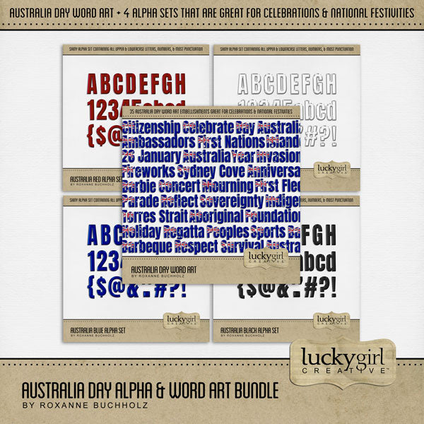 Create one-of-a-kind page titles with these versatile Australian word art embellishments and coordinated alpha sets in white, black, blue, and red by Lucky Girl Creative digital art! Word Art includes 26 January, Aboriginal, Ambassadors, Anniversary, Australia, Australian, Barbeque, Barbecue, Barbie, Celebrate, Citizenship, Concert, Day, Fireworks, First Fleet, First Nations, Foundation, Holiday, Indigenous, Invasion, Islander, Mourning, Parage, Peoples, Reflect, Regatta, Respect, Sovereignty, Sports.