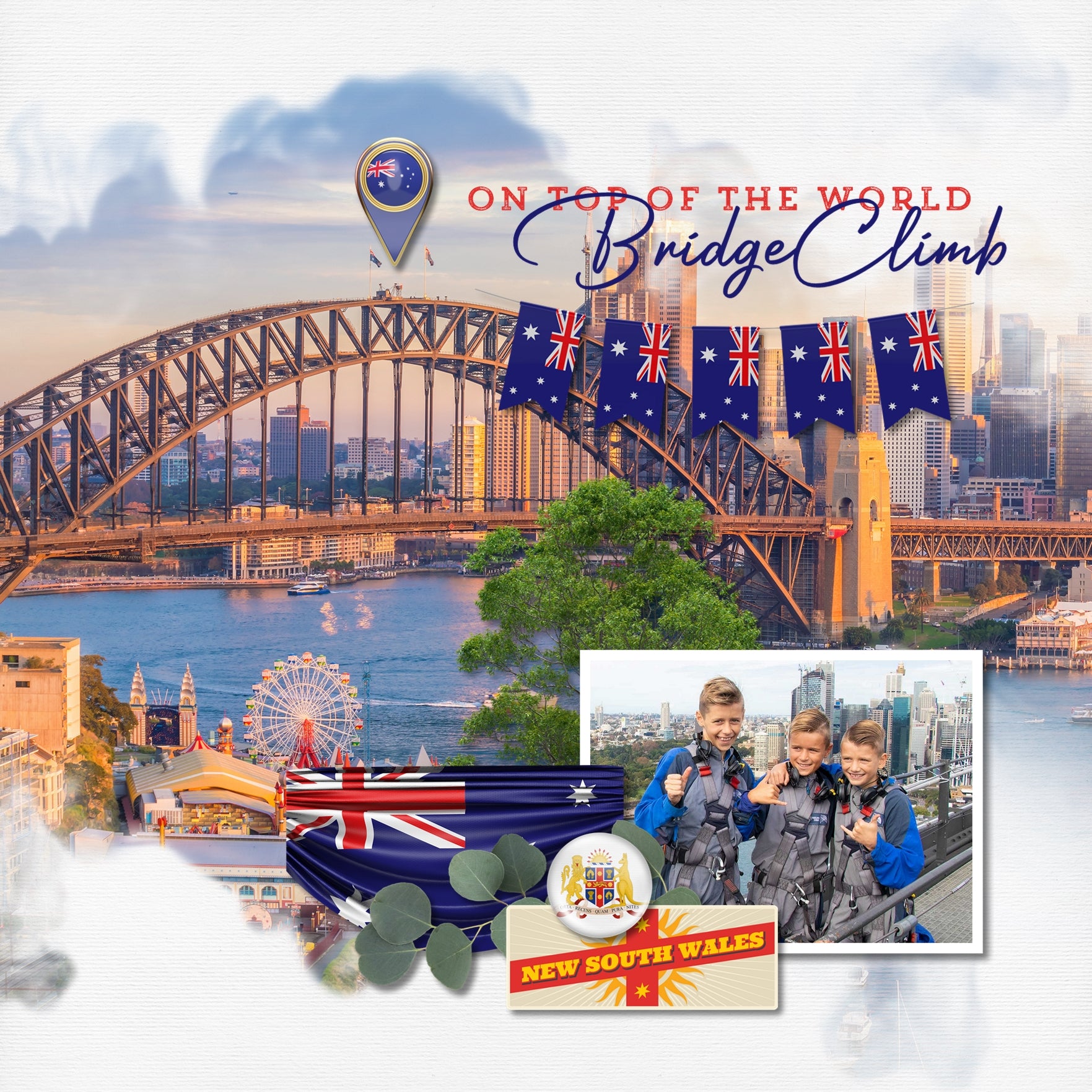 Highlight your vacation memories with these realistic digital scrapbooking art embellishments. Great for holidays and travel to Australia and exploring native and indigenous life! Embellishments include animal, crocodile, kangaroo, koala, balloons, bicycle, ornament, Devil's Stones, Devil's Marbles, banner, bunting, flag, location marker, pin, word bubble, medal, award, miner hat, passport, rugby, suitcase, boomerang, more.