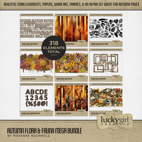 Fall is in the air and these autumn digital art essentials by Lucky Girl Creative will help you add those special touches to your projects all season long. In hues of green, yellow, orange, and brown, the realistic leaves, animals, and flora and fauna will inspire you to capture all your family moments this fall. Bundle includes embellishments, bokeh papers, frames, leaf stamps, trees, word art, vintage elements, and a bark alpha set.