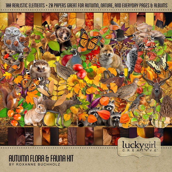 Fall is in the air and these autumn digital art essentials by Lucky Girl Creative will help you add those special touches to your projects all season long. In hues of green, yellow, orange, and brown, the realistic leaves, animals, and flora and fauna will inspire you to capture all your family moments this fall. Embellishments include acorns, bear, bird, goose, geese, owl, pheasant, quail, robin, woodpecker, deer, and more!