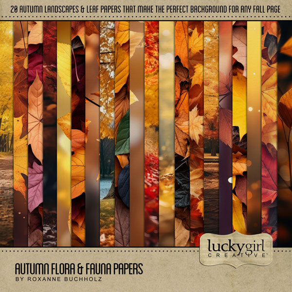 Fall is in the air and these autumn inspired digital art papers by Lucky Girl Creative will help you add those special touches to your projects all season long. With seasonal landscapes and falling leaves, these background papers have a subtle linen texture for added warmth.