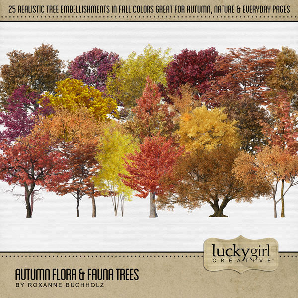 Fall is in the air and this seasonal tree digital art embellishments by Lucky Girl Creative will help you add those special touches to your projects all season long. Great for nature, outdoor, hiking, and cabin pages and even family tree layouts.