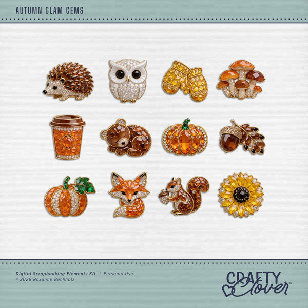 Celebrate the cozy charm of autumn with glamorous Autumn Glam Gems embellishments by Crafty Clover digital art! Featuring sparkling costume jewelry-inspired designs, these charming digital embellishments composed of rhinestones and colored gems, are perfect for adding a touch of fall magic to your creative projects. Add a little pumpkin spice and autumn sweetness to your memories with Autumn Glam Gems! Embellishments include acorn, oak leaf, bear, hedgehog, owl, squirrel, coffee, fox, mittens, mushrooms
