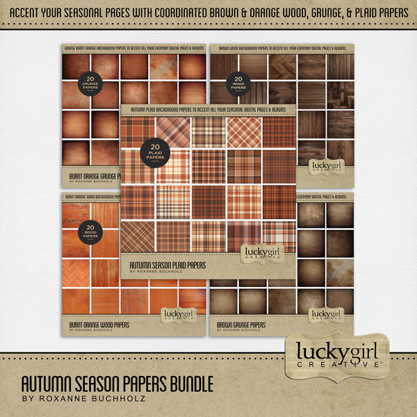 Accent your autumn greeting cards and traditional seasonal pages with these plaid, wood, and grunge papers in tones of orange, brown, tan, and cream by Lucky Girl Creative digital art for digital scrapbooking. Great for Thanksgiving, fall, autumn, hay rides, pumpkin patch, fall festivals, and more!