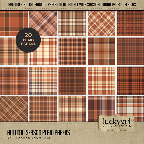 Accent your autumn greeting cards and traditional seasonal pages with these plaid tartan papers in tones of orange, brown, tan, and cream by Lucky Girl Creative digital art for digital scrapbooking. Great for Thanksgiving, fall, autumn, hay rides, pumpkin patch, fall festivals, and more! This kit is included in the Autumn Season Papers Bundle.