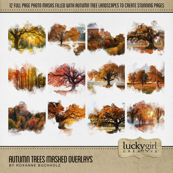 Celebrate the beauty of nature with these beautiful masked autumn tree overlays by Lucky Girl Creative Digital Art for Digital Scrapbooking! With transparent edges, these masked fall photographs blend seamlessly into any background paper and make the perfect backdrop for all travel, vacation, and nature pages. They even work great for showcasing family trees!