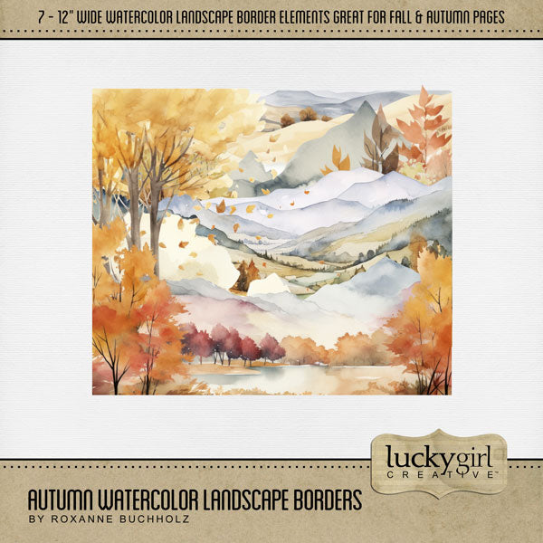 Accent your seasonal fall and autumn projects with these 12" wide watercolor landscape borders by Lucky Girl Creative digital art for digital scrapbooking. Great for Halloween, Thanksgiving, corn mazes, pumpkin patches, and outdoor and nature adventures. This kit is included in the Autumn Watercolor Bundle.