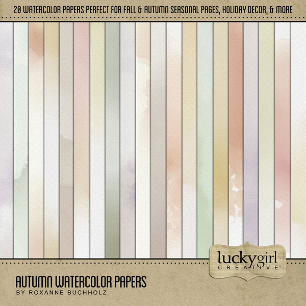 Accent your seasonal fall and autumn digital scrapbooking projects with these watercolor background papers by Lucky Girl Creative digital art. Great for Halloween, Thanksgiving, corn mazes, pumpkin patches, and everyday pages, too. This kit is included in the Autumn Watercolor Bundle.