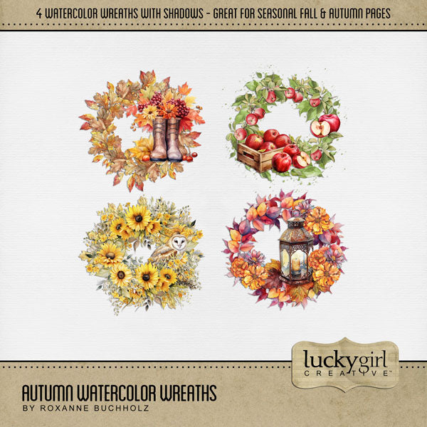 Accent your seasonal fall and autumn projects with these watercolor wreaths with built-in drop shadows by Lucky Girl Creative digital art for digital scrapbooking. Great for Thanksgiving, apple picking, and sunflower gardens! This kit is NOT included in any bundle. Coordinates with the Autumn Watercolor Bundle sold separately.