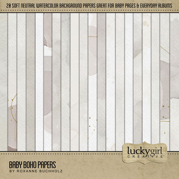 Capture the special moments of your baby through the toddler years with these neutral watercolor digital scrapbooking papers by Lucky Girl Creative digital art. Create unique baby announcements, baby shower gifts, and even Baby's 1st Year albums. Great for everyday use and can easily be colorized to fit your needs.