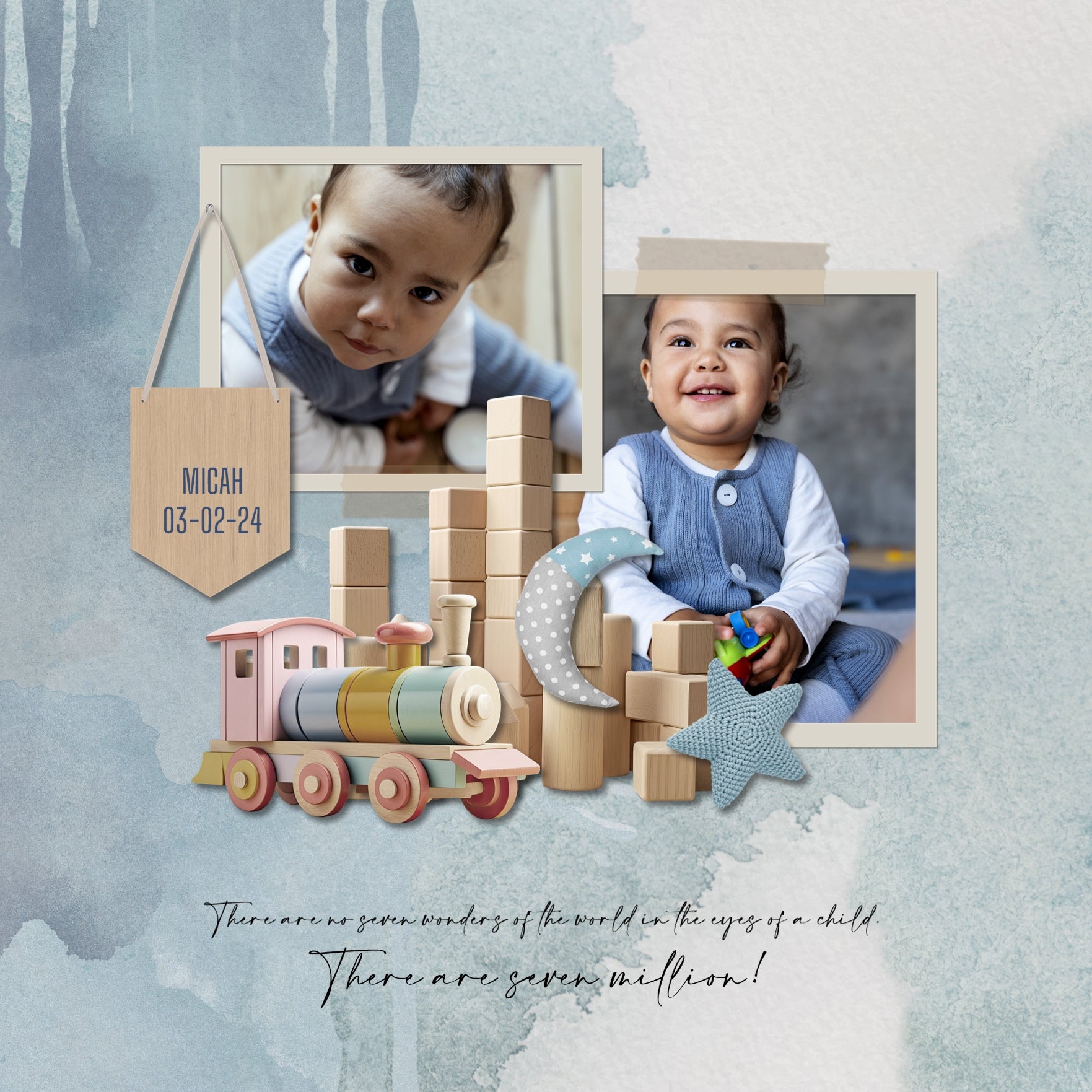 Capture the special moments of your baby through the toddler years with these pastel children's toy digital scrapbooking embellishments, watercolor papers, journaling spots, and a cracker alpha set by Lucky Girl Creative digital art. Create unique baby announcements, baby shower gifts, and even Baby's 1st Year, ABC books, and toddler albums.