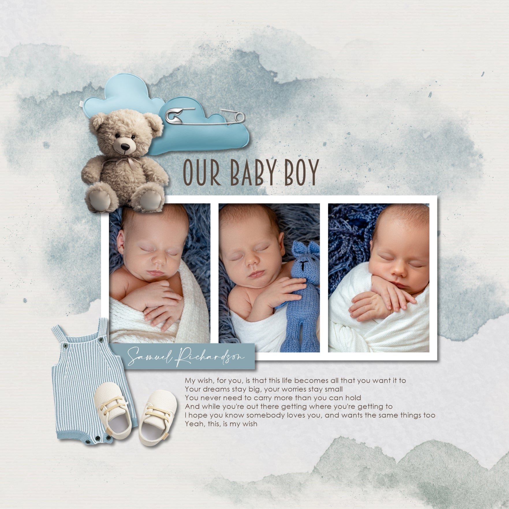 Capture the special moments of your baby through the toddler years with these pastel children's digital scrapbooking embellishments and neutral watercolor papers by Lucky Girl Creative digital art. Create unique baby announcements, baby shower gifts, and even Baby's 1st Year, ABC books, and toddler albums. 