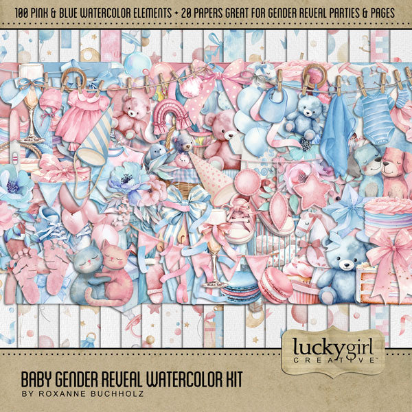 Capture the moment where the expecting parents discover whether they are having a baby boy or baby girl with this collection of watercolor digital scrapbooking embellishments and pretty patterned papers by Lucky Girl Creative digital art. Create unique gender reveal party invitations, baby announcements, and baby shower invitations! Great for newborn baby, child, and Baby's 1st Year albums, too! Embellishments include pink and blue balloons, balloon arch, banner, basket, blanket, cap, hat, ribbon, bow, cake