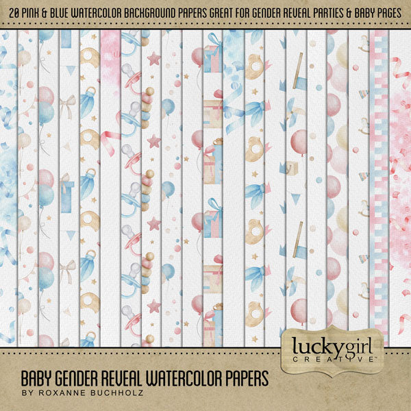 Capture the moment where the expecting parents discover whether they are having a baby boy or baby girl with this collection of watercolor digital scrapbooking papers by Lucky Girl Creative digital art. Create unique gender reveal party invitations, baby announcements, and baby shower invitations! Great for newborn baby, child, and Baby's 1st Year albums, too! This kit is included in the Baby Gender Reveal Watercolor Kit.