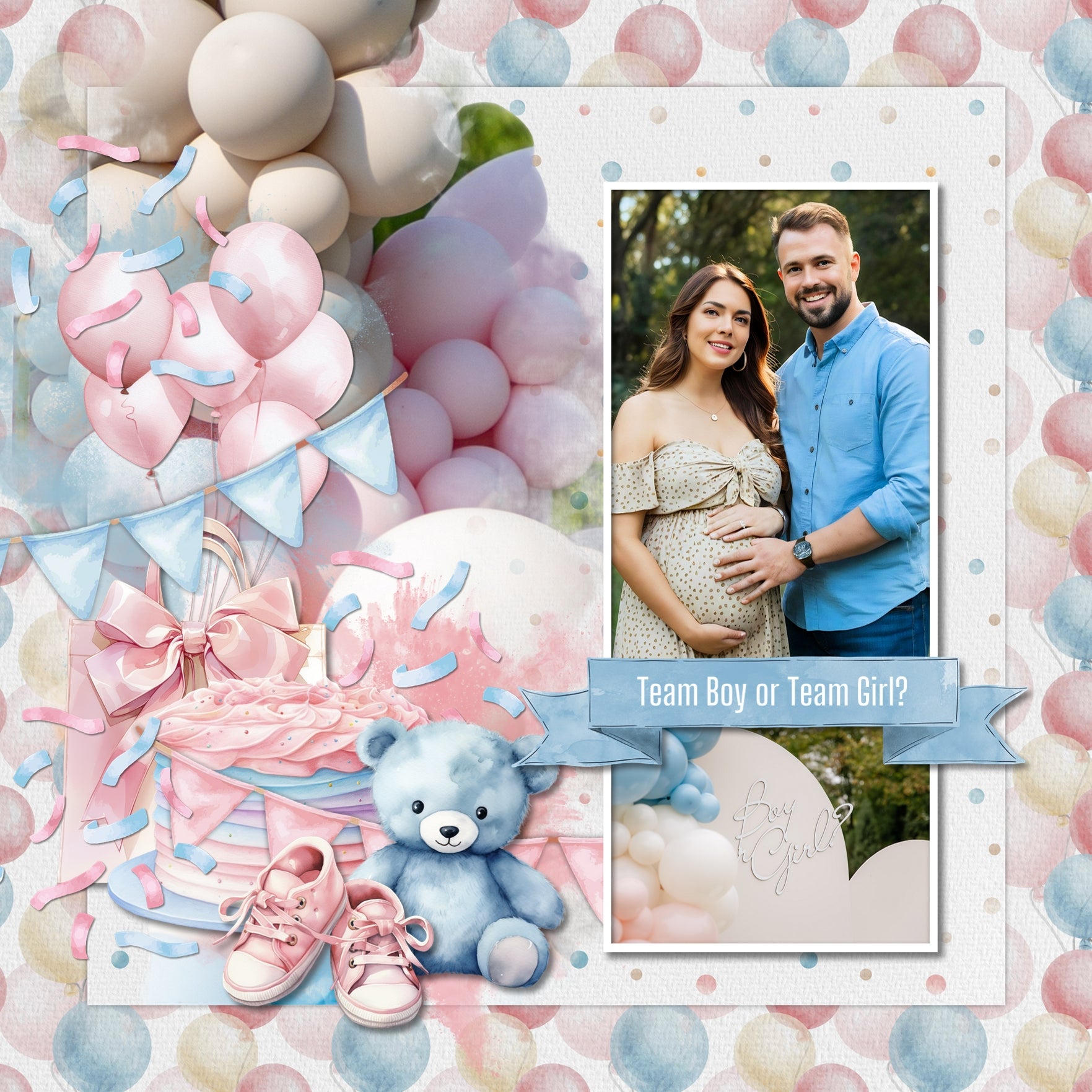 Capture the moment where the expecting parents discover whether they are having a baby boy or baby girl with this collection of watercolor digital scrapbooking embellishments and pretty patterned papers by Lucky Girl Creative digital art. Create unique gender reveal party invitations, baby announcements, and baby shower invitations! Great for newborn baby, child, and Baby's 1st Year albums, too! Embellishments include pink and blue balloons, balloon arch, banner, basket, blanket, cap, hat, ribbon, bow, cake