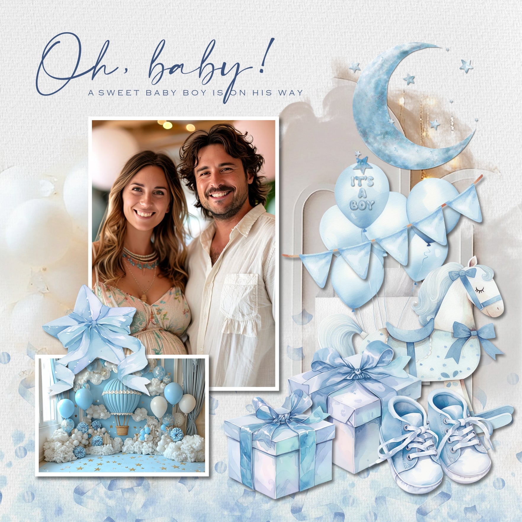 Capture the moment where the expecting parents discover whether they are having a baby boy or baby girl with this collection of watercolor digital scrapbooking embellishments and pretty patterned papers by Lucky Girl Creative digital art. Create unique gender reveal party invitations, baby announcements, and baby shower invitations! Great for newborn baby, child, and Baby's 1st Year albums, too! Embellishments include pink and blue balloons, balloon arch, banner, basket, blanket, cap, hat, ribbon, bow, cake