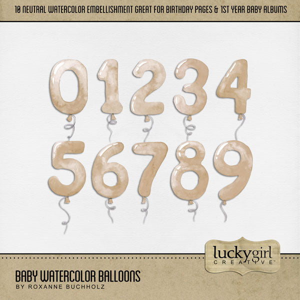 Capture the special moments of your baby boy or baby girl with this neutral and versatile baby digital scrapbooking kit by Lucky Girl Creative digital art that adds a touch of watercolor to your page. Add these balloon numbers to recall birth date, year, birthday, weight, height, and other important details to create unique baby announcements and baby shower gifts. Great for Baby's 1st Year albums and birthday invitations, too! This number set is available as individual embellishments only.