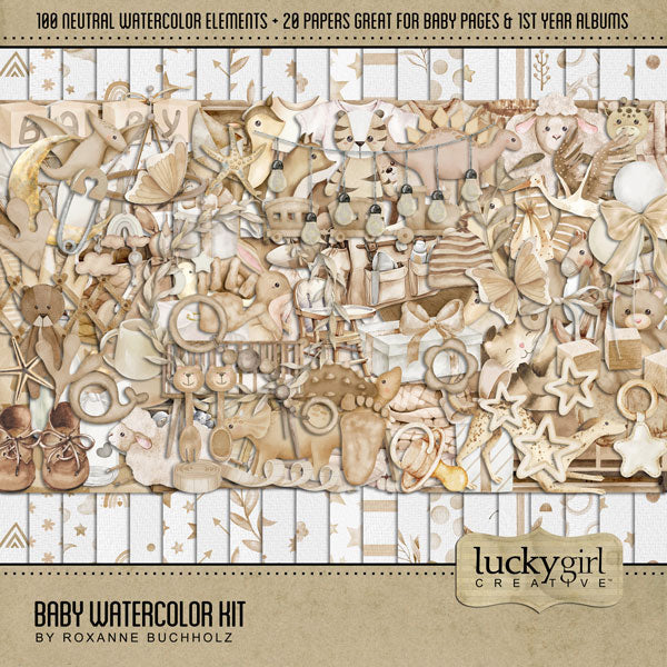 Capture the special moments of your baby boy or baby girl with this neutral and versatile baby digital scrapbooking kit by Lucky Girl Creative digital art that adds a touch of watercolor to your page. Add these beautiful embellishments and pretty patterned papers to recall your newborn baby memories, create unique baby announcements, and baby shower gifts. Great for newborn baby pages and Baby's 1st Year albums, too! Embellishments include butterfly, snail, bunny, rabbit, deer, dog, Greyhound, fox, hedgehog