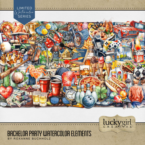 Let's have some good, clean fun with this watercolor men's bachelor party inspired digital art embellishments only kit by Lucky Girl Creative digital art filled with lots of sports, games, and food. Also great for boys night out, prom, high school, college, university life, fraternity houses, and other social activities. Embellishments include arcade game, party bus, casino, dice, gambling, slot machine, playing cards, ace, heart, king, poker chips, roulette wheel, cigar, bow tie, denim jacket, jeans.