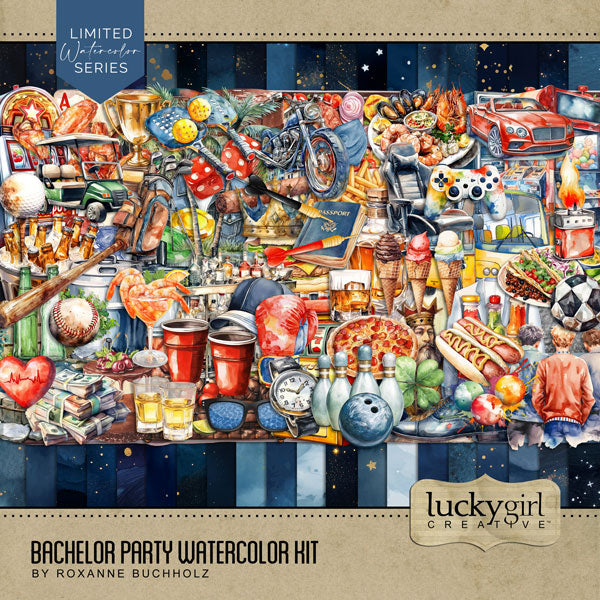 Let's have some good, clean fun with this watercolor men's bachelor party inspired digital art embellishments and papers kit by Lucky Girl Creative digital art filled with lots of sports, games, and food. Also great for boys night out, prom, high school, college, university life, fraternity houses, and other social activities. Embellishments include arcade game, party bus, casino, dice, gambling, slot machine, playing cards, ace, heart, king, poker chips, roulette wheel, cigar, bow tie, denim jacket, jeans.