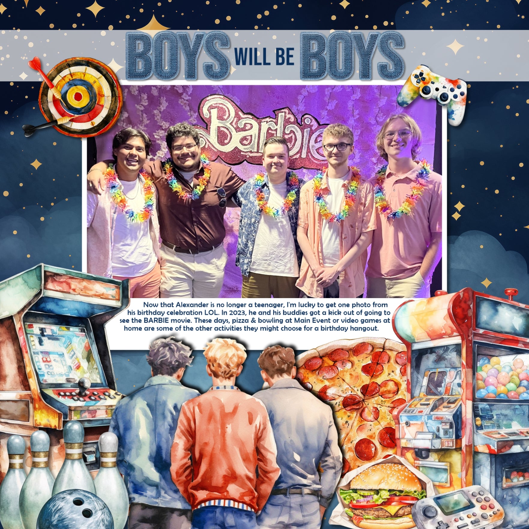 Let's have some good, clean fun with this watercolor men's bachelor party inspired digital art embellishments and papers kit by Lucky Girl Creative digital art filled with lots of sports, games, and food. Also great for boys night out, prom, high school, college, university life, fraternity houses, and other social activities. Embellishments include arcade game, party bus, casino, dice, gambling, slot machine, playing cards, ace, heart, king, poker chips, roulette wheel, cigar, bow tie, denim jacket, jeans.