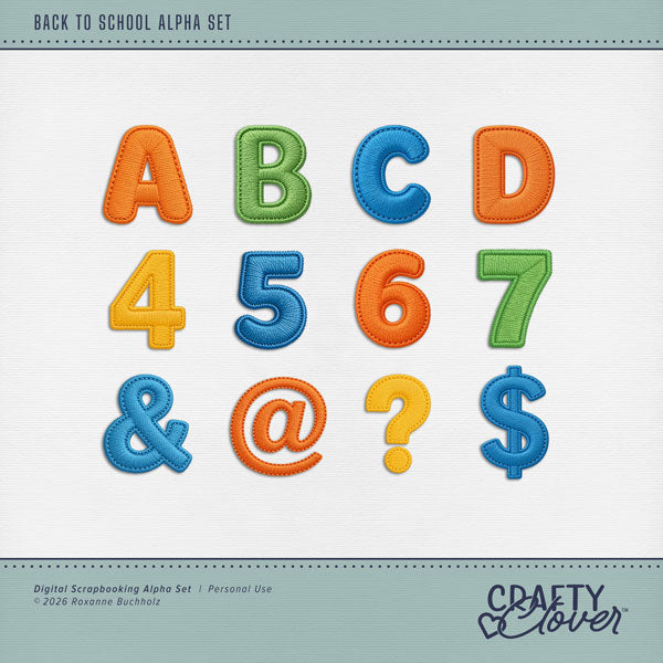 Designed for everyday use, you can create one-of-a-kind page titles with these cute embroidered alphabet letters, numbers, and most punctuation by Crafty Clover digital art for digital scrapbooking in primary colors. This alpha set is available as individual embellishments only. This kit is NOT included in any bundle.