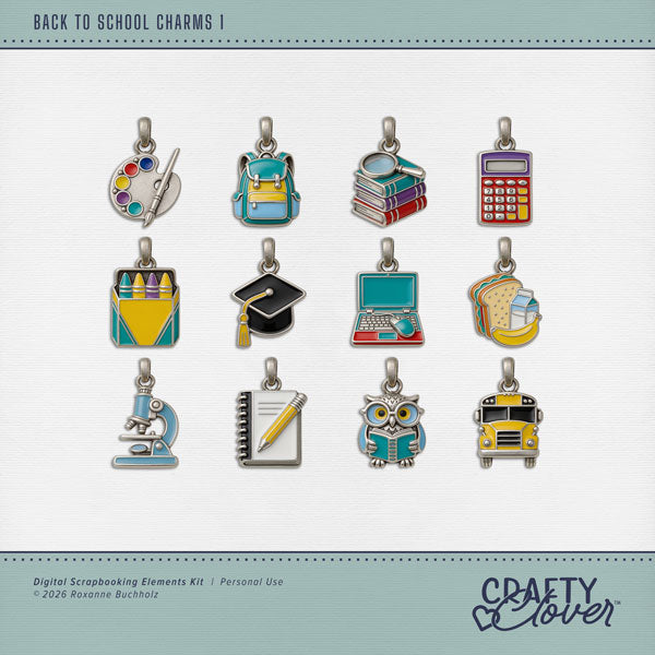 Accent your digital scrapbooking pages with these fun school themed enamel and pewter charms by Crafty Clover digital art. Embellishments include paint palette, backpack, books, magnifying glass, calculator, crayons, graduation cap, laptop, computer, lunch, sandwich, microscope, notebook, pencil, owl, and school bus. This kit is NOT included in any bundle.