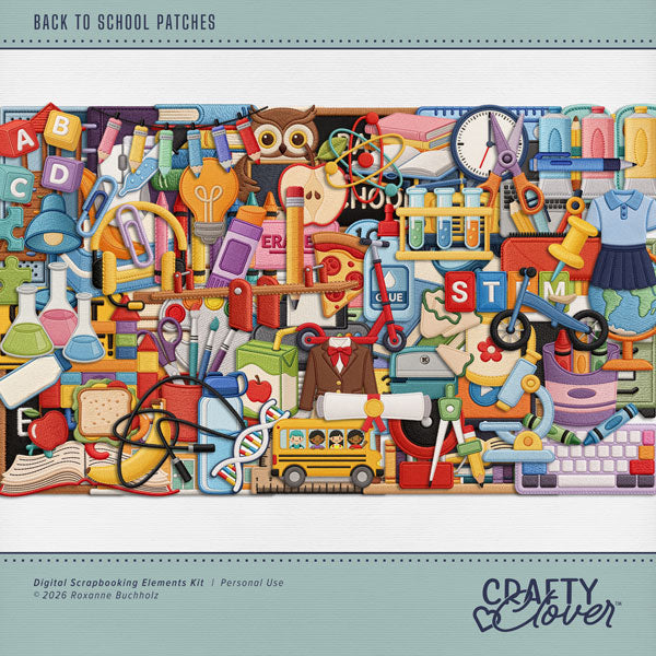 Accent your digital scrapbooking pages with these fun embroidered school patches by Crafty Clover digital art. Embellishments include ABC blocks, book, pencil case, paint palette, certificate, award, blackboard, chalkboard, bicycle, bike, pen, pencil, ruler, magnifying glass, books, owl, building blocks, bunk bed, calculator, clock, denim, blue jeans, sweatshirt, colored pencils, compass, keyboard, computer, mouse, crayons, lamp, desk, diploma, eraser, printer, file cabinet, fire alarm, apple, juice box