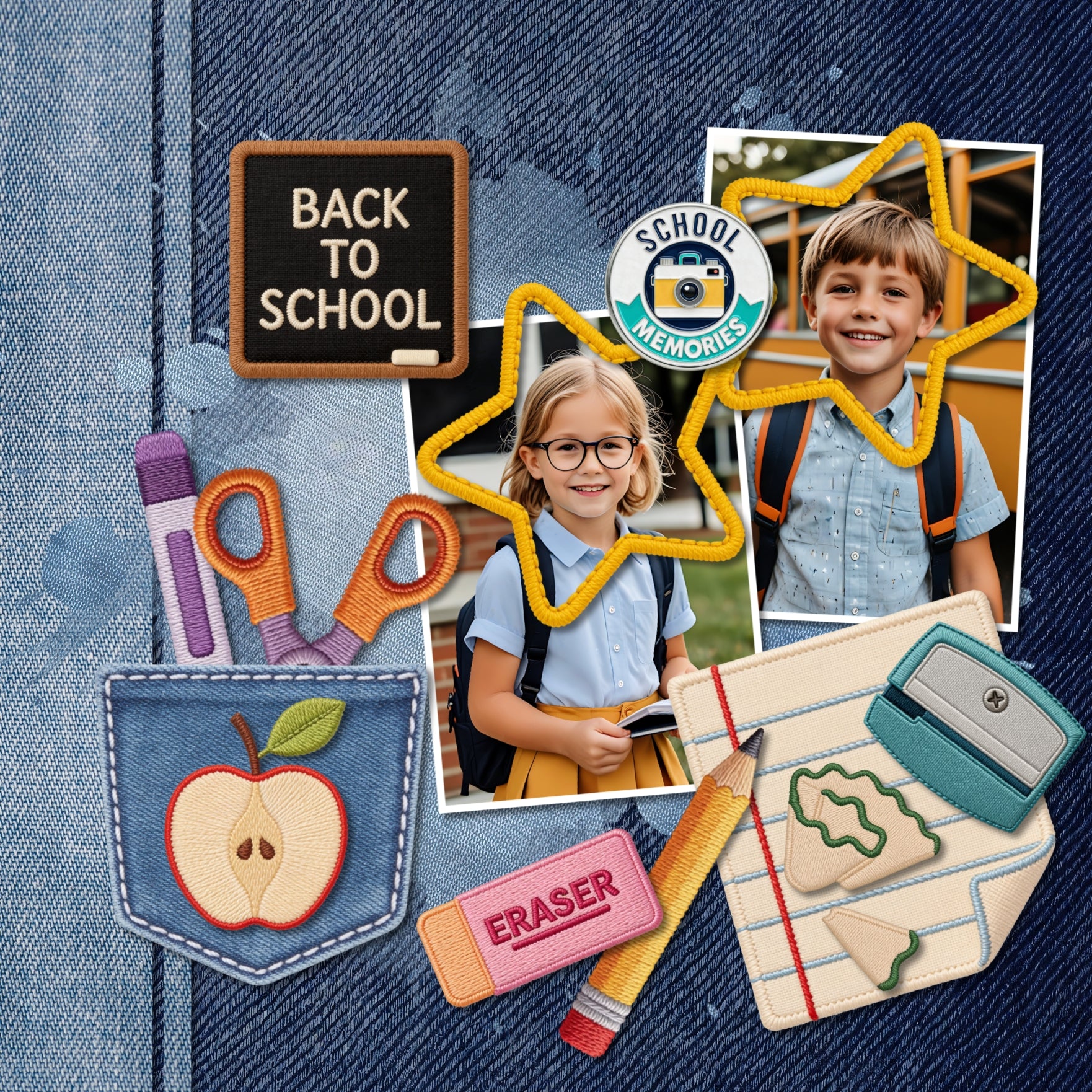 Accent your digital scrapbooking pages with these fun embroidered school patches by Crafty Clover digital art. Embellishments include ABC blocks, book, pencil case, paint palette, certificate, award, blackboard, chalkboard, bicycle, bike, pen, pencil, ruler, magnifying glass, books, owl, building blocks, bunk bed, calculator, clock, denim, blue jeans, sweatshirt, colored pencils, compass, keyboard, computer, mouse, crayons, lamp, desk, diploma, eraser, printer, file cabinet, fire alarm, apple, juice box