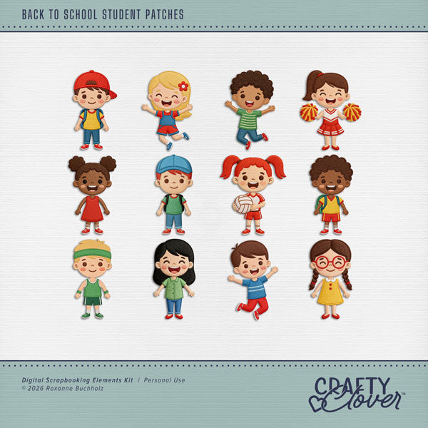 Accent your digital scrapbooking pages with these fun embroidered patches styled to look like school children by Crafty Clover digital art ready for the year to begin! From diverse kids with backpacks, cheerleader, volleyball player, basketball player, and more! This kit is NOT included in any bundle.