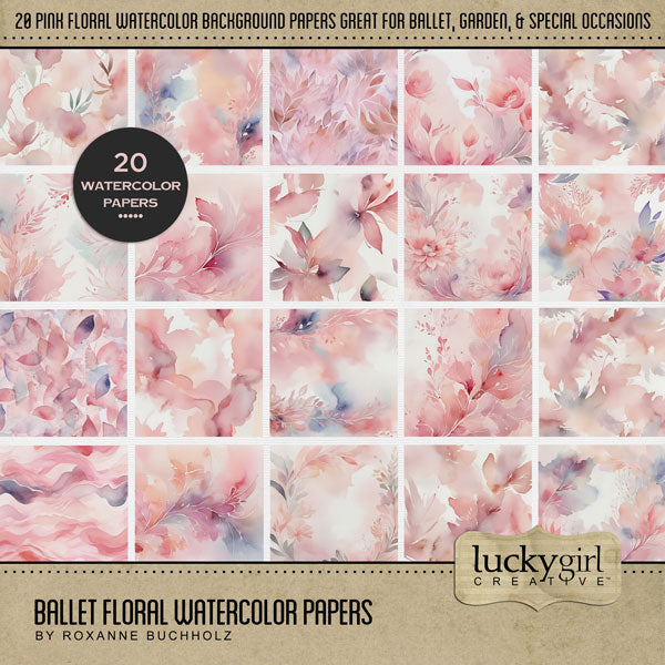 Add beautiful watercolor floral background pages by Lucky Girl Creative digital art to all your ballet, garden, and feminine pages. In soft tones of pink, these abstract flowers add a touch of beauty and sophistication to your digital scrapbooking projects. This kit is included in the Ballet Watercolor Kit.