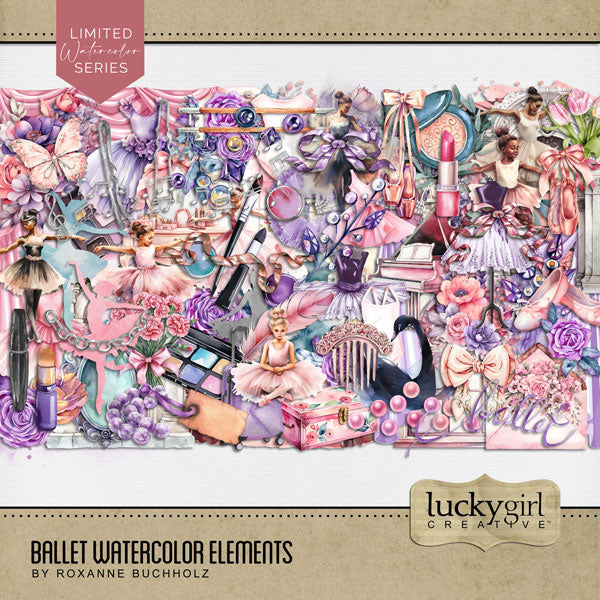 Add beautiful watercolor embellishments by Lucky Girl Creative digital art to all your ballet, dance, and feminine digital scrapbooking pages. In soft tones of pink, blush, and purple, these embellishments are wonderful for little girls, teenagers, professional dancers, as well as going to the theater, dance recitals, and dance competitions. Embellishments include black swan, ballet barre, beads, butterfly, dress, costume, tutu, leotard, curtains, drapes, dancer, floral, flowers, bouquet, rose, tulip