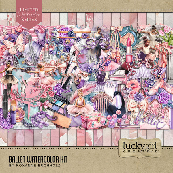 Add beautiful watercolor embellishments and floral papers by Lucky Girl Creative digital art to all your ballet, dance, and feminine digital scrapbooking pages. In soft tones of pink, blush, and purple, these embellishments are wonderful for little girls, teenagers, professional dancers, as well as going to the theater, dance recitals, and dance competitions. Embellishments include black swan, ballet barre, beads, butterfly, dress, costume, tutu, leotard, curtains, drapes, dancer, floral, flowers, bouquet, 