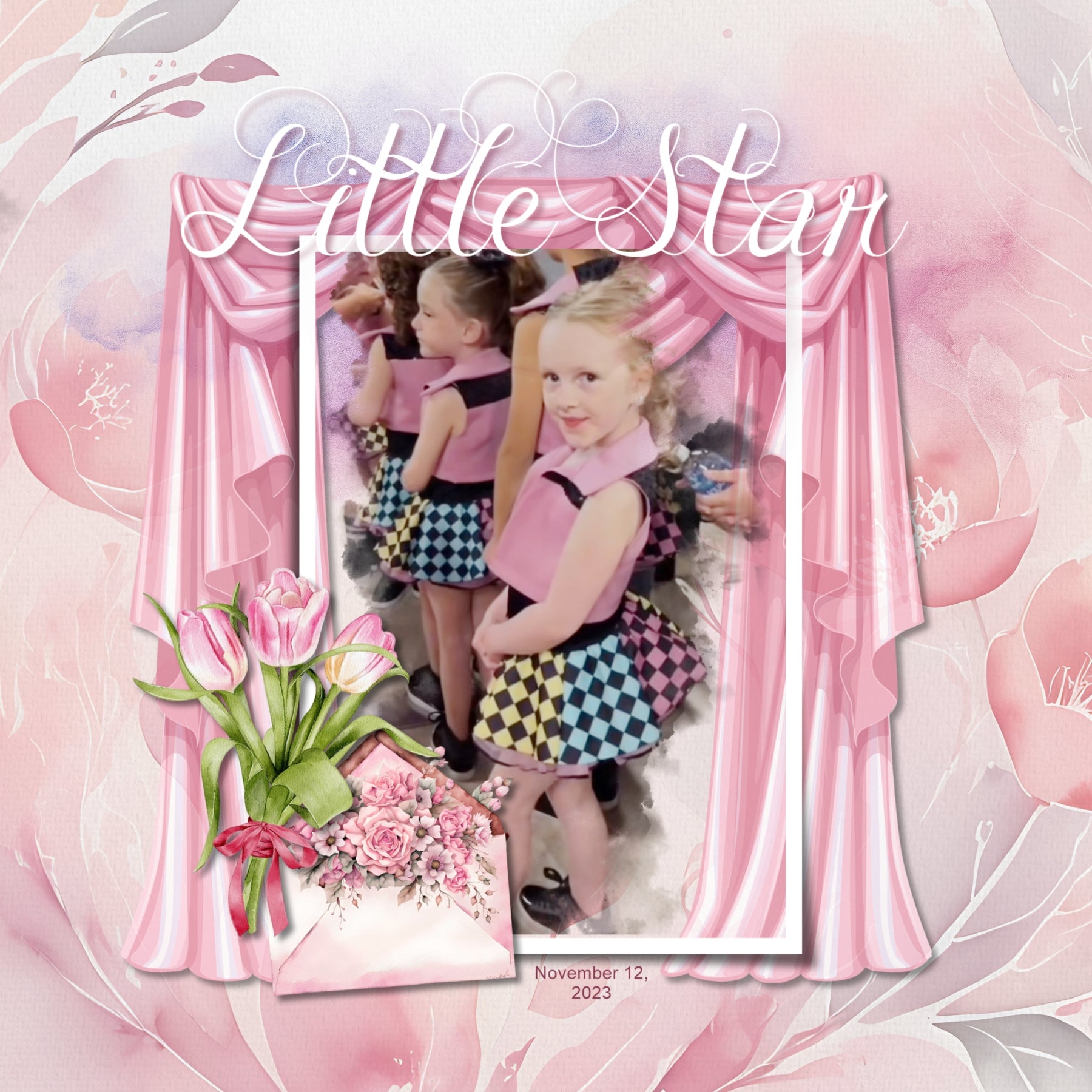 Add beautiful watercolor embellishments and floral papers by Lucky Girl Creative digital art to all your ballet, dance, and feminine digital scrapbooking pages. In soft tones of pink, blush, and purple, these embellishments are wonderful for little girls, teenagers, professional dancers, as well as going to the theater, dance recitals, and dance competitions. Embellishments include black swan, ballet barre, beads, butterfly, dress, costume, tutu, leotard, curtains, drapes, dancer, floral, flowers, bouquet, 