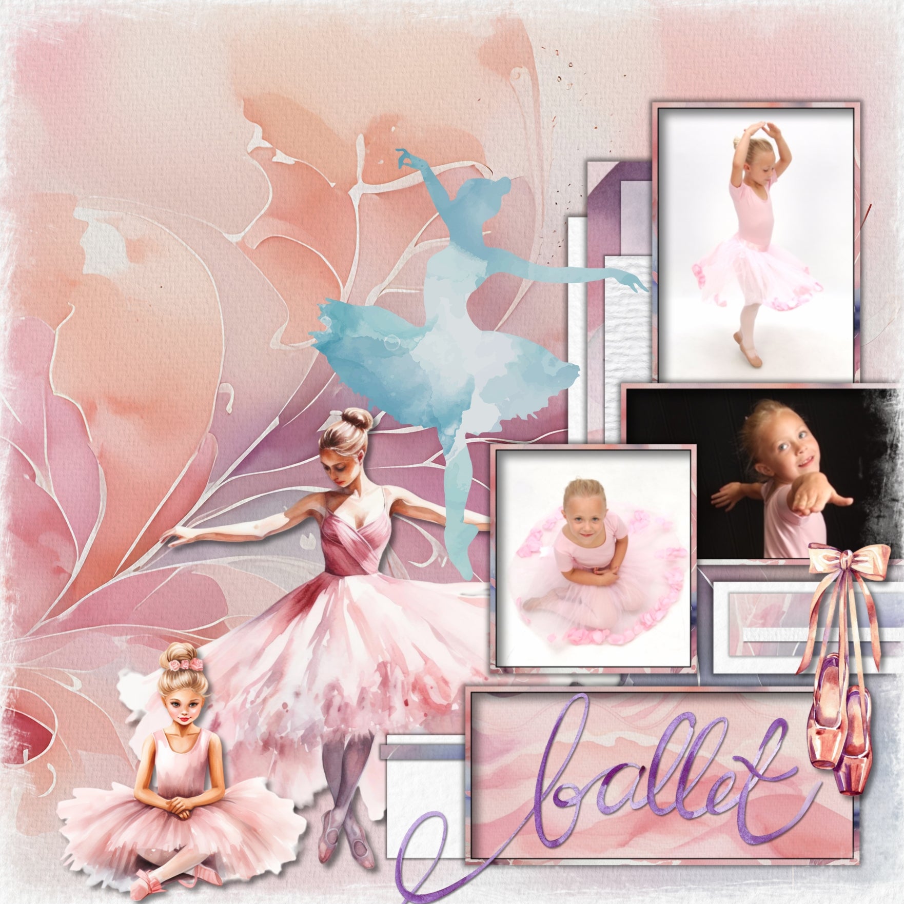 Add beautiful watercolor embellishments and floral papers by Lucky Girl Creative digital art to all your ballet, dance, and feminine digital scrapbooking pages. In soft tones of pink, blush, and purple, these embellishments are wonderful for little girls, teenagers, professional dancers, as well as going to the theater, dance recitals, and dance competitions. Embellishments include black swan, ballet barre, beads, butterfly, dress, costume, tutu, leotard, curtains, drapes, dancer, floral, flowers, bouquet, 