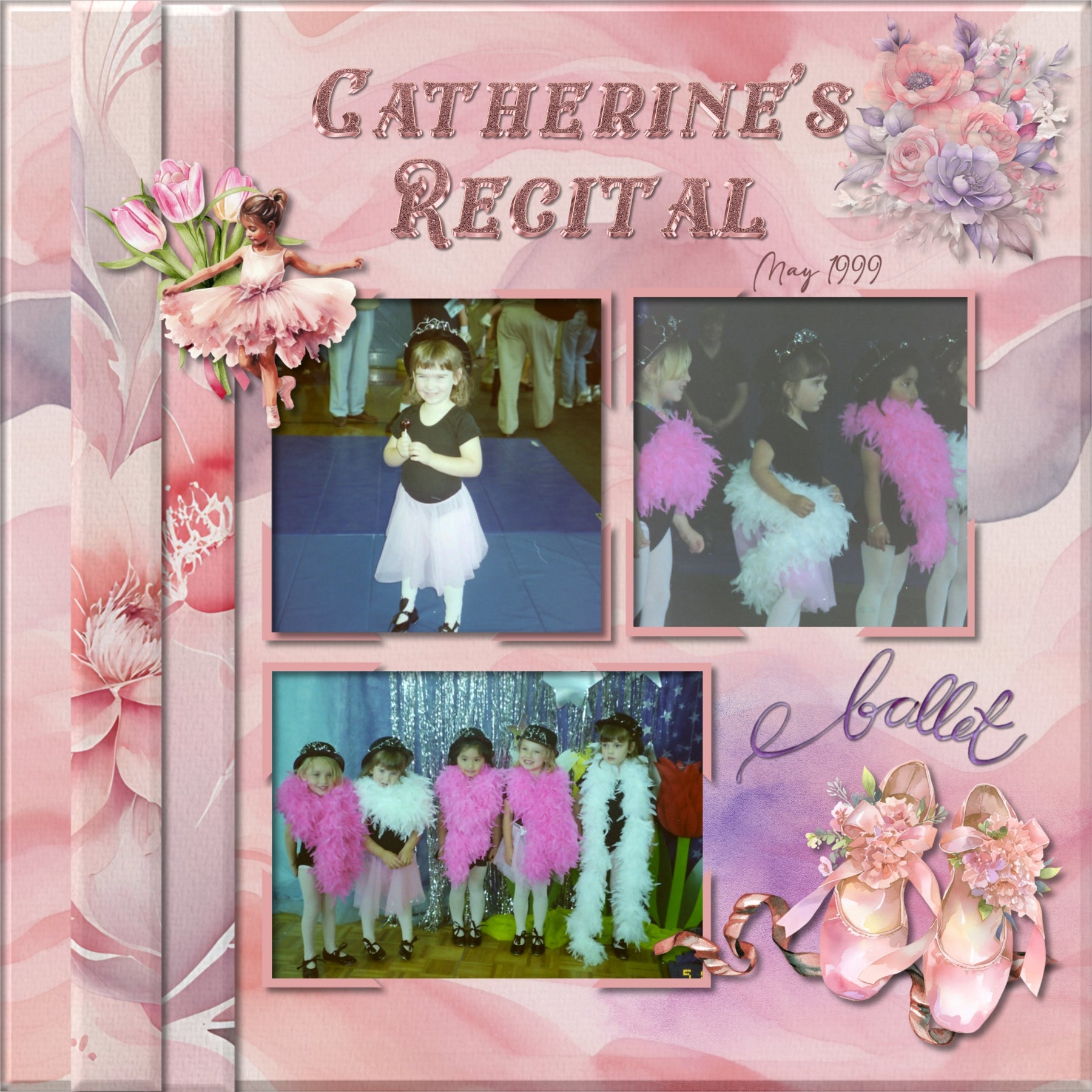 Add beautiful watercolor embellishments and floral papers by Lucky Girl Creative digital art to all your ballet, dance, and feminine digital scrapbooking pages. In soft tones of pink, blush, and purple, these embellishments are wonderful for little girls, teenagers, professional dancers, as well as going to the theater, dance recitals, and dance competitions. Embellishments include black swan, ballet barre, beads, butterfly, dress, costume, tutu, leotard, curtains, drapes, dancer, floral, flowers, bouquet, 