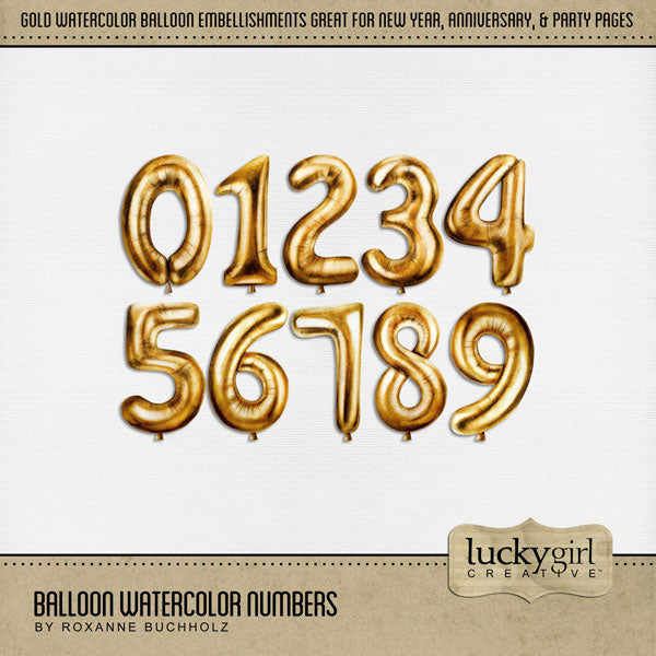 Add festive and fun digital scrapbooking number embellishments to all your New Year, birthday, anniversary, and party pages for that sophisticated touch of class! These gold watercolor balloon numbers by Lucky Girl Creative digital art are perfect for adding a year, birthday number, or special date. This number set is available as individual embellishments only. This kit is included in the New Year Watercolor Mega Bundle.