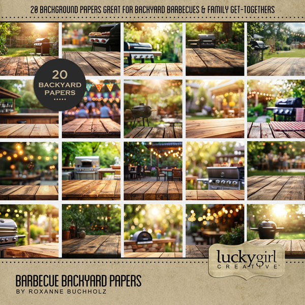 Fire up the grill! These background backyard papers by Lucky Girl Creative digital art for digital scrapbooking are great for family reunions, Father's Day, Memorial Day, the 4th of July, Independence Day, Canada Day, picnics, and summer grilling. This kit is included in the Barbecue Bundle.