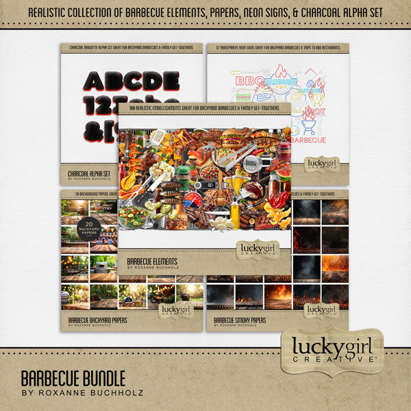 Fire up the grill! These realistic barbeque embellishments, papers, neon signs, and charcoal alpha set by Lucky Girl Creative digital art for digital scrapbooking are great for family reunions, Father's Day, Memorial Day, the 4th of July, Independence Day, Canada Day, picnics, and summer backyard grilling and smoking. Embellishments include apron, beer, keg, ketchup, mustard, charcoal, sauce, mayo, olive oil, drink, beverage, barbeque, barbecue, BBQ, soda, cola, ice cooker, coke, bottle, potato chip, 