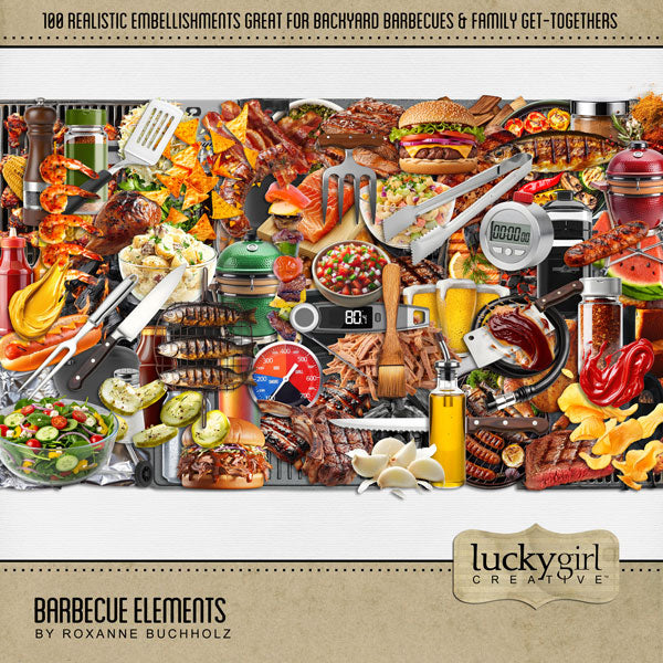 Fire up the grill! These realistic barbeque embellishments by Lucky Girl Creative digital art for digital scrapbooking are great for family reunions, Father's Day, Memorial Day, the 4th of July, Independence Day, Canada Day, picnics, and summer backyard grilling and smoking. Embellishments include apron, beer, keg, ketchup, mustard, charcoal, sauce, mayo, olive oil, drink, beverage, barbeque, barbecue, BBQ, soda, cola, ice cooker, coke, bottle, potato chip, tortilla chips, chips, salsa, hamburger, meat