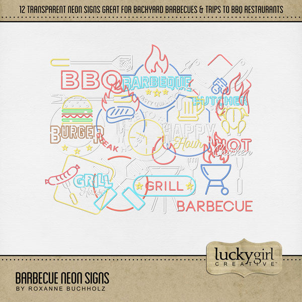 Fire up the grill! These neon sign BBQ embellishments by Lucky Girl Creative digital art for digital scrapbooking are great for family reunions, Father's Day, Memorial Day, the 4th of July, Independence Day, Canada Day, picnics, and summer backyard grilling. Embellishments include signs, signage, barbecue, barbeque, BBQ, burger, butcher shop, grill house, happy hour, hot chicken, steak house, and time to eat. This kit is included in the Barbecue Bundle.
