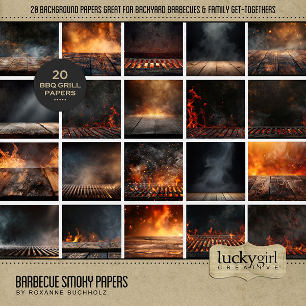 Fire up the grill! These background smoky and fire flame papers by Lucky Girl Creative digital art for digital scrapbooking are great for family reunions, Father's Day, Memorial Day, the 4th of July, Independence Day, Canada Day, picnics, and summer grilling. This kit is included in the Barbecue Bundle.